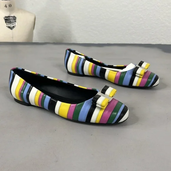 Salvatore Ferragamo Varina Rainbow Stripe Flats Bow Logo - Picture 3 of 13